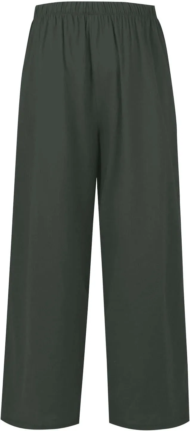 Linen Pants Women,Casual Pants Trendy Wide Leg High Waisted Cotton Linen Drawstring Summer Trouser with Pockets