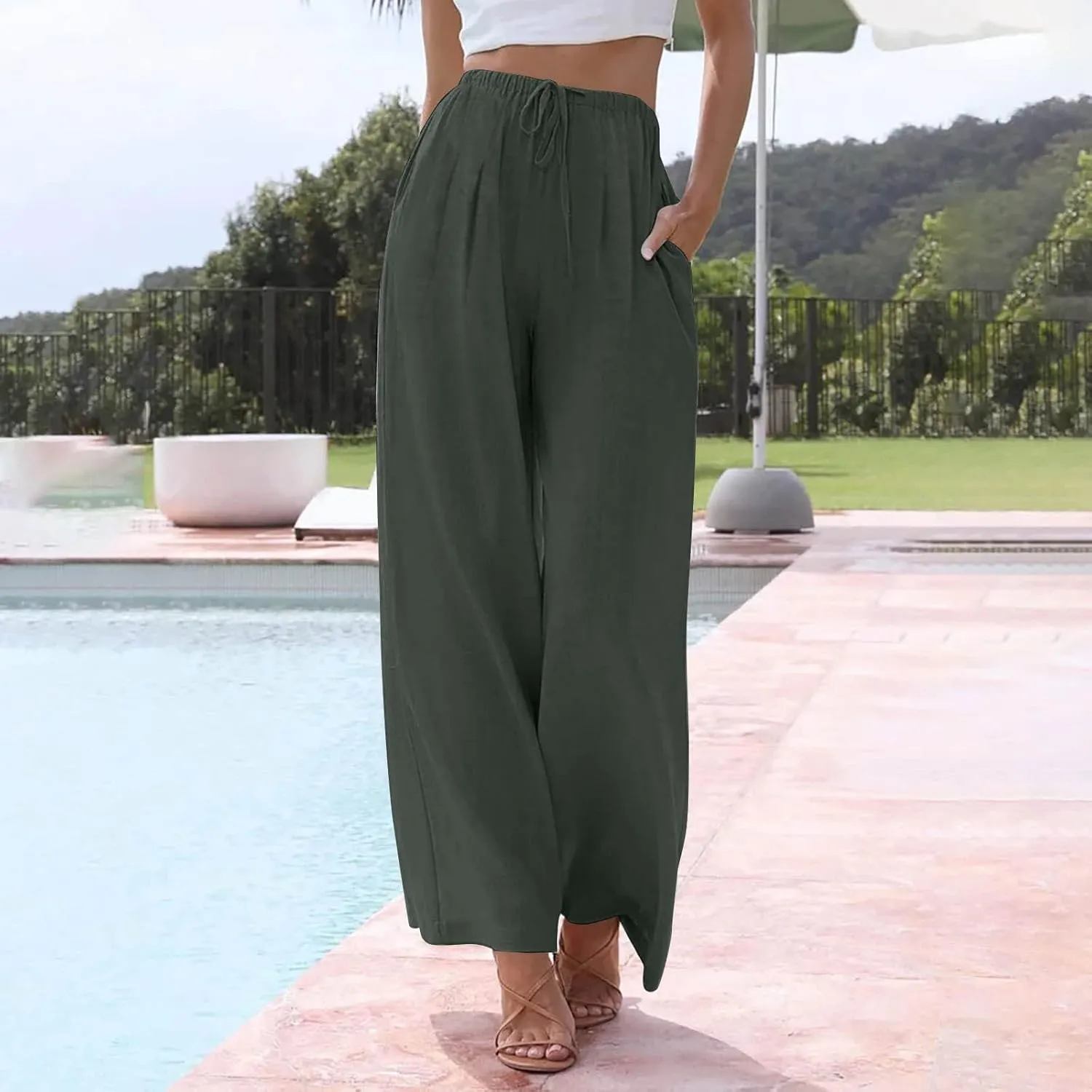 Linen Pants Women,Casual Pants Trendy Wide Leg High Waisted Cotton Linen Drawstring Summer Trouser with Pockets