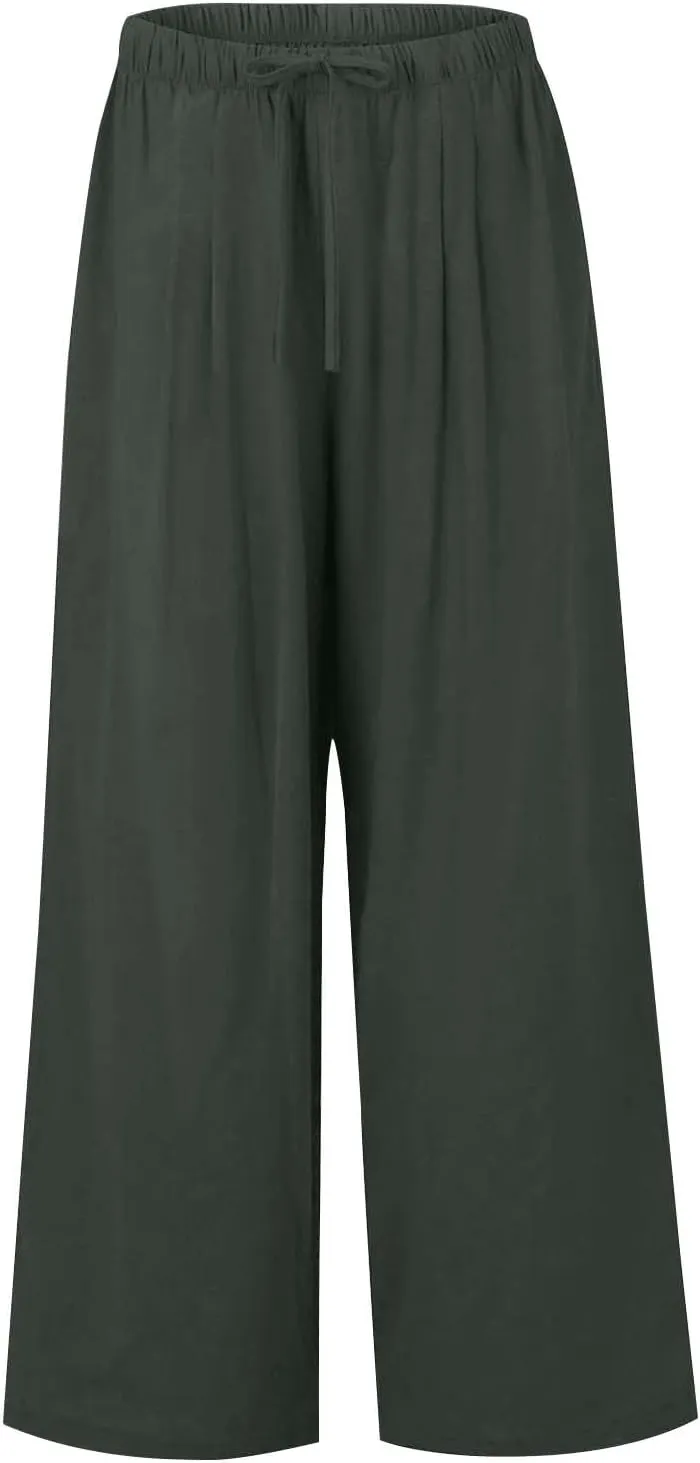 Linen Pants Women,Casual Pants Trendy Wide Leg High Waisted Cotton Linen Drawstring Summer Trouser with Pockets