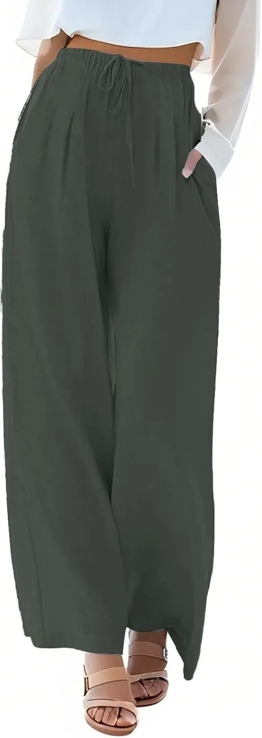 Linen Pants Women,Casual Pants Trendy Wide Leg High Waisted Cotton Linen Drawstring Summer Trouser with Pockets