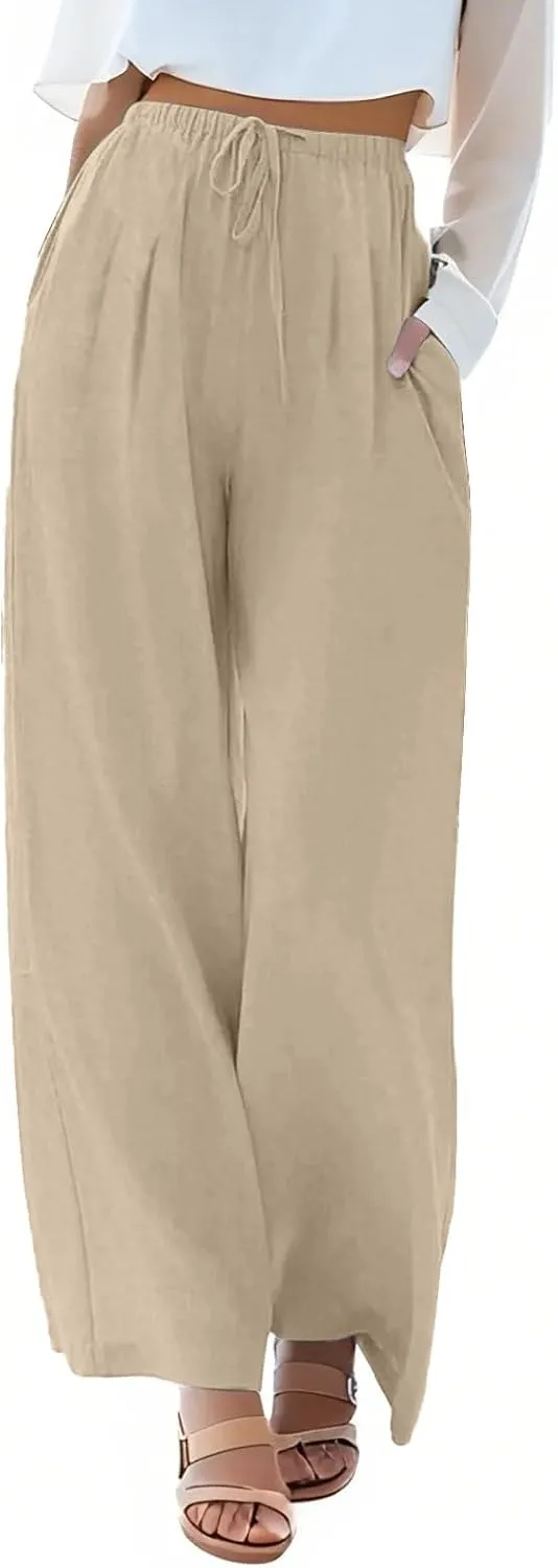 Linen Pants Women,Casual Pants Trendy Wide Leg High Waisted Cotton Linen Drawstring Summer Trouser with Pockets
