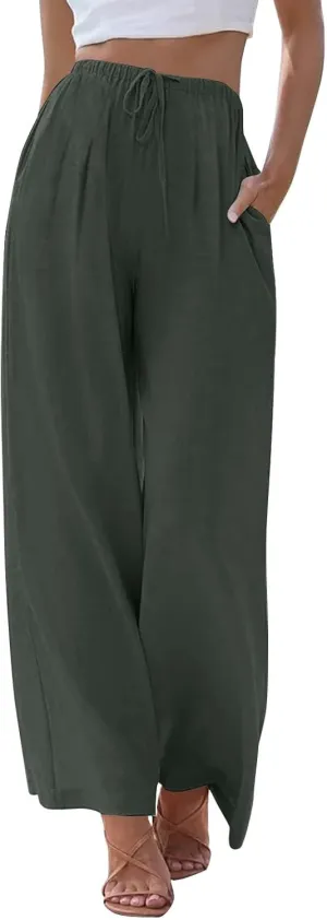 Linen Pants Women,Casual Pants Trendy Wide Leg High Waisted Cotton Linen Drawstring Summer Trouser with Pockets