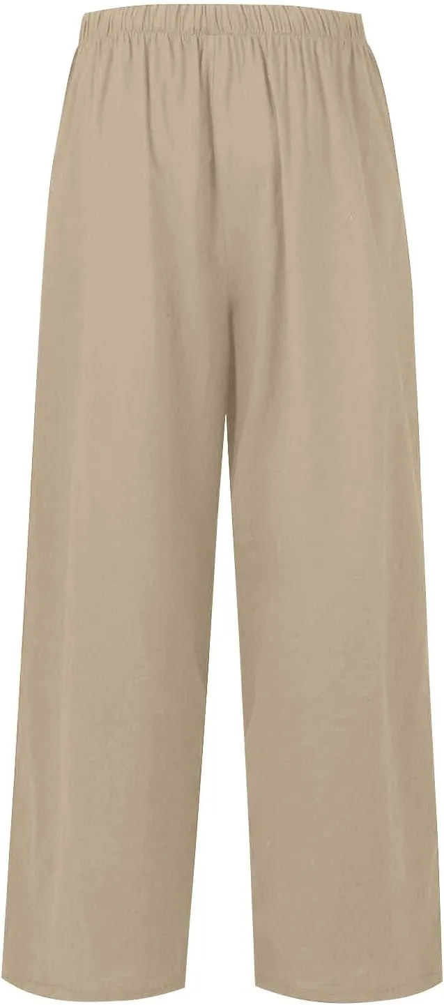 Linen Pants Women,Casual Pants Trendy Wide Leg High Waisted Cotton Linen Drawstring Summer Trouser with Pockets
