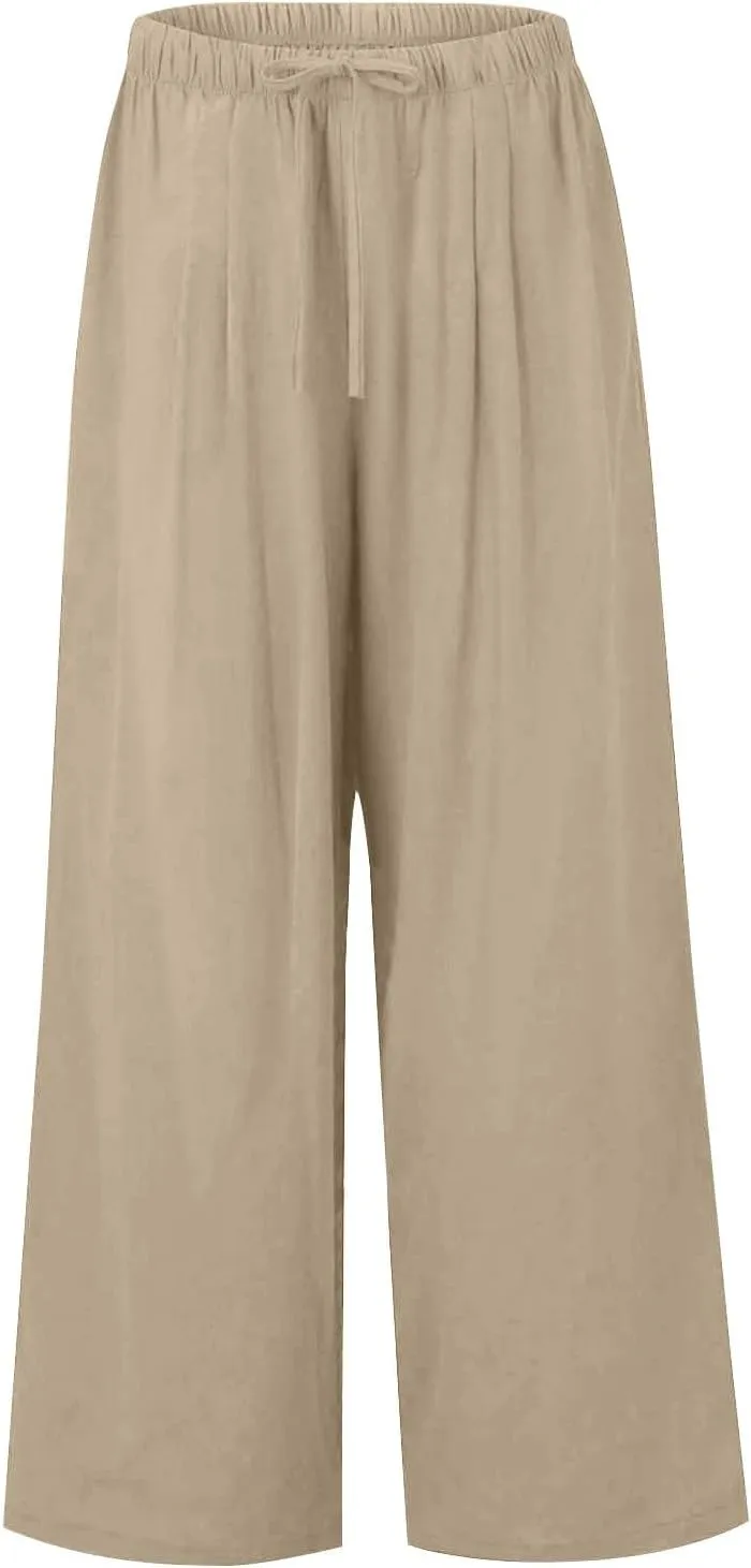 Linen Pants Women,Casual Pants Trendy Wide Leg High Waisted Cotton Linen Drawstring Summer Trouser with Pockets