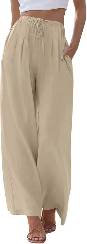 Linen Pants Women,Casual Pants Trendy Wide Leg High Waisted Cotton Linen Drawstring Summer Trouser with Pockets