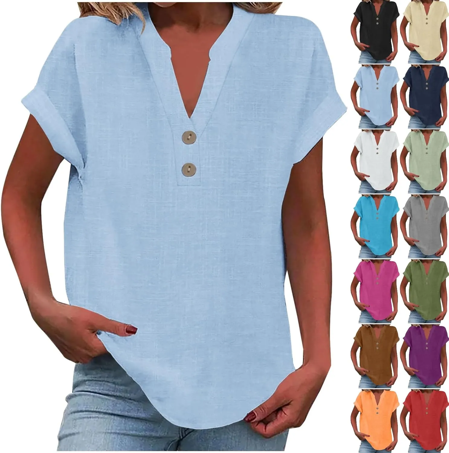 Linen Shirts for Women Cotton Button Up Shirt Summer Short Sleeve Roll Up Loose Fit V-Neck Casual Work Blouse Tops