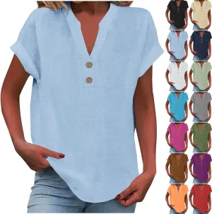 Linen Shirts for Women Cotton Button Up Shirt Summer Short Sleeve Roll Up Loose Fit V-Neck Casual Work Blouse Tops