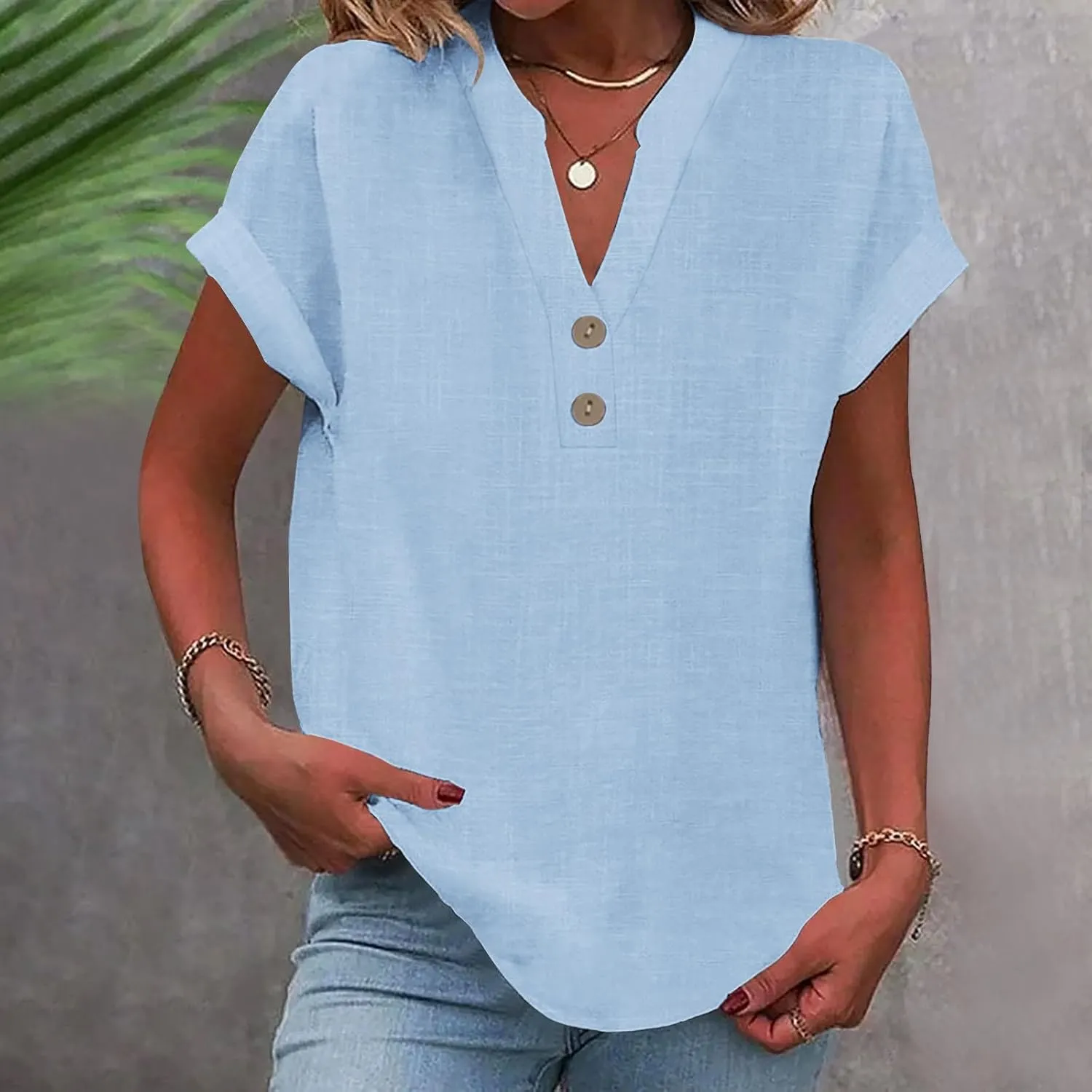 Linen Shirts for Women Cotton Button Up Shirt Summer Short Sleeve Roll Up Loose Fit V-Neck Casual Work Blouse Tops