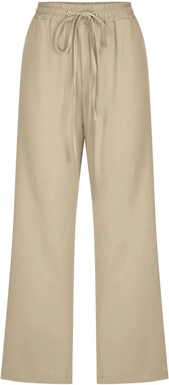 LRMQS Capri Pants for Women Casual Summer 2024 Drawstring Capris Linen Pants Pockets Beach Straight Wide Leg Cropped Trousers