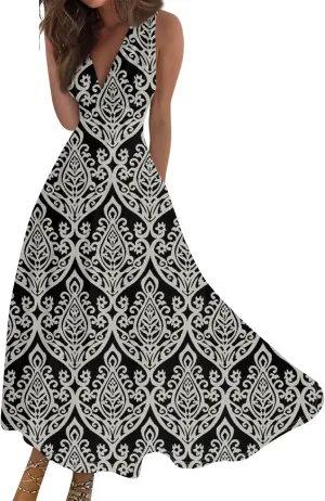 Maxi Dresses for Women 2025 Casual Trendy Summer A Line Flowy Dress Floral V Neck Sleeveless Formal Sundresses