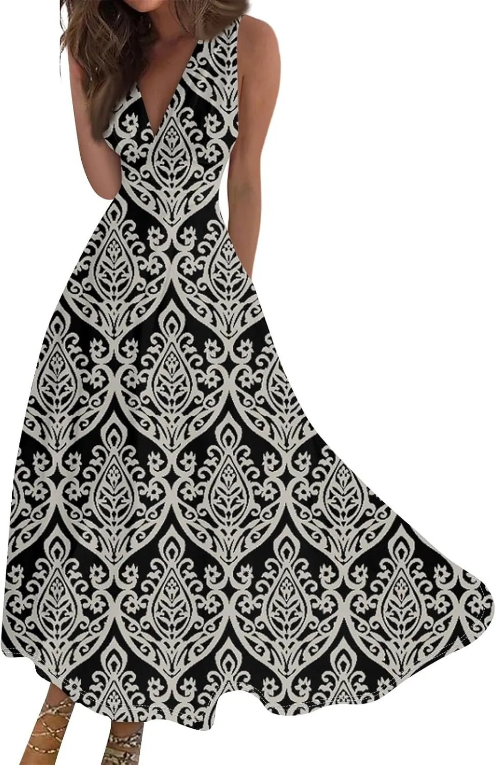 Maxi Dresses for Women 2025 Casual Trendy Summer A Line Flowy Dress Floral V Neck Sleeveless Formal Sundresses