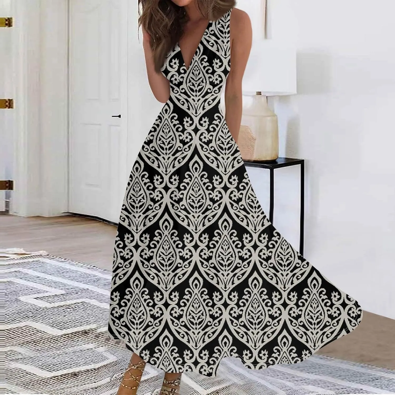 Maxi Dresses for Women 2025 Casual Trendy Summer A Line Flowy Dress Floral V Neck Sleeveless Formal Sundresses