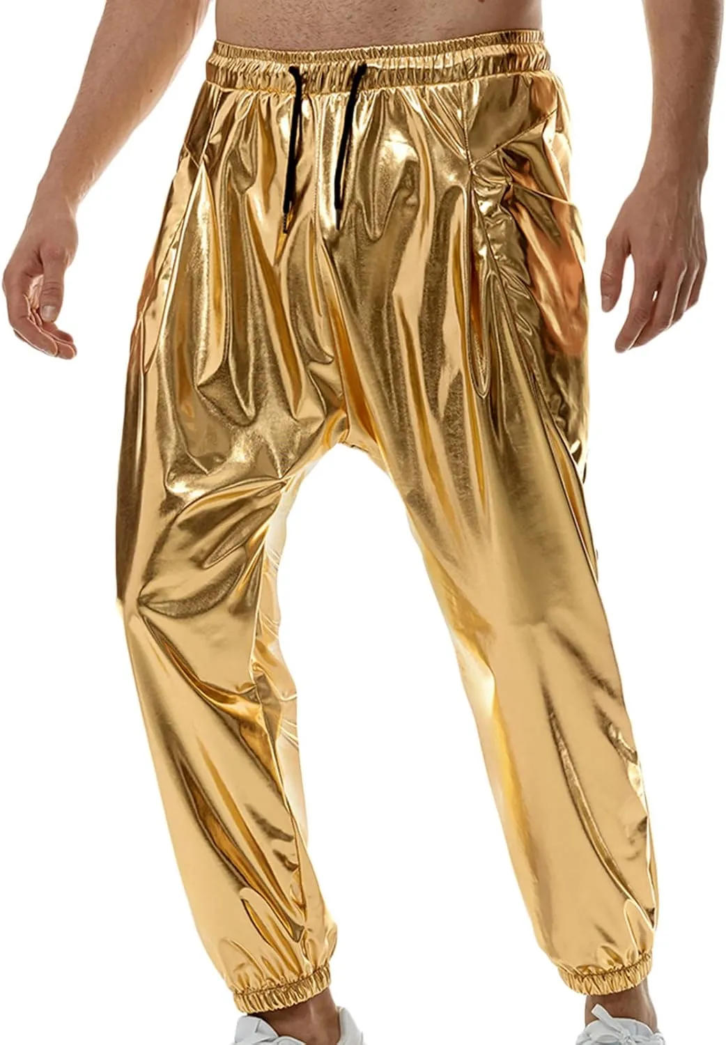 Mens Metallic Shiny Pants 70's Disco Party Club Dance Trousers Drawstring Waist Jogger Pants Rave Nightclub Pants