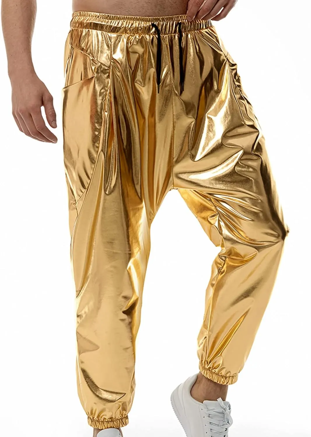 Mens Metallic Shiny Pants 70's Disco Party Club Dance Trousers Drawstring Waist Jogger Pants Rave Nightclub Pants