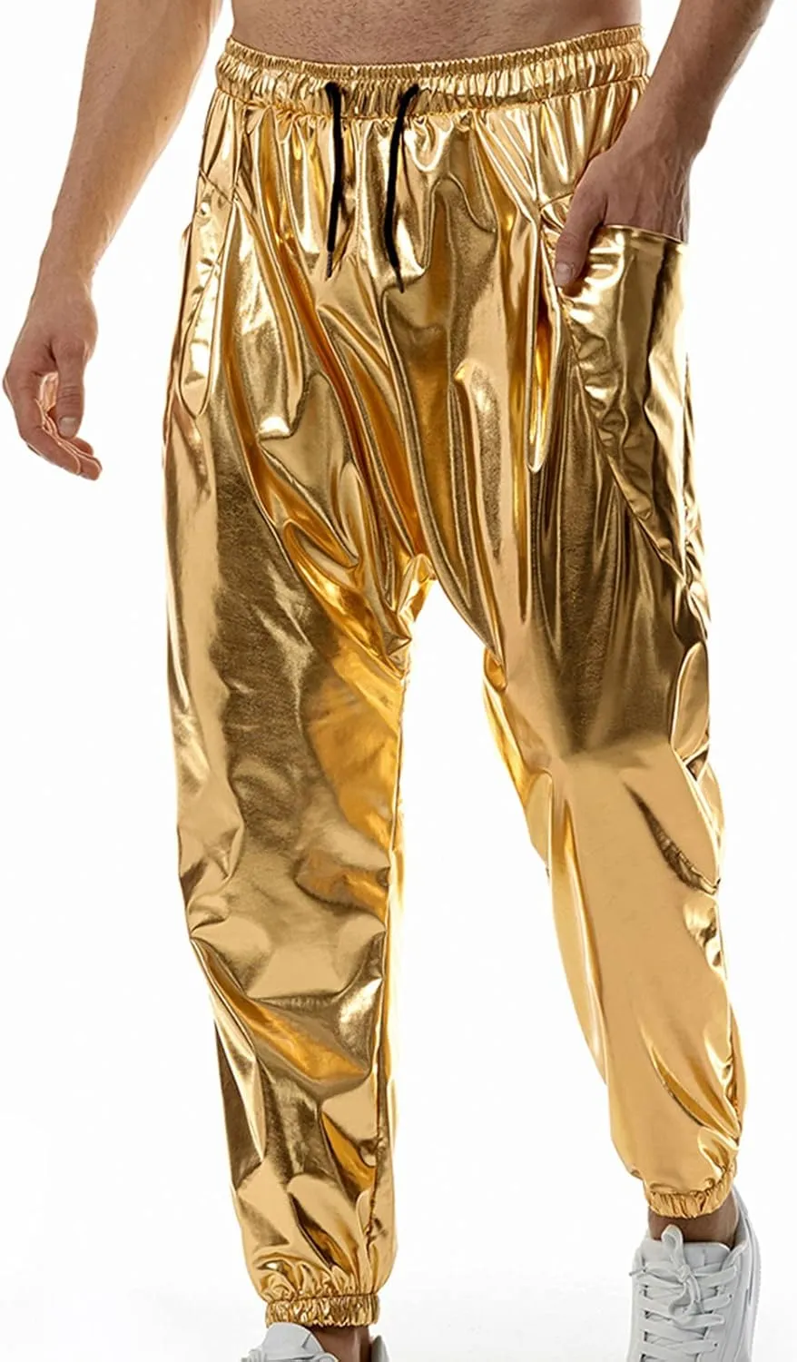 Mens Metallic Shiny Pants 70's Disco Party Club Dance Trousers Drawstring Waist Jogger Pants Rave Nightclub Pants