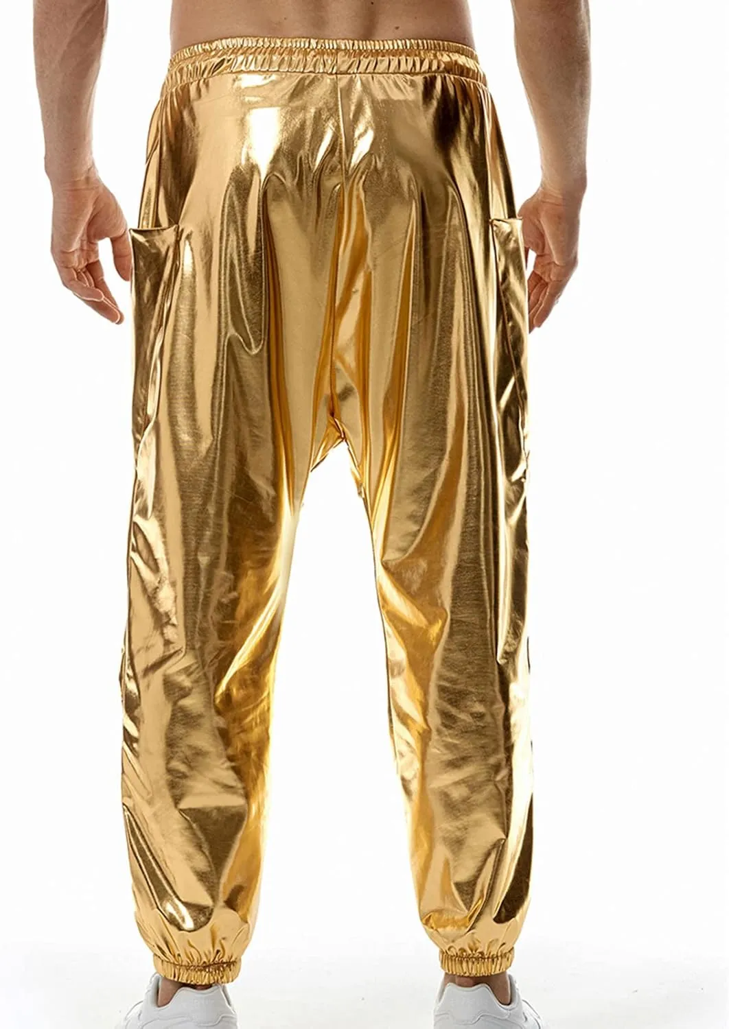 Mens Metallic Shiny Pants 70's Disco Party Club Dance Trousers Drawstring Waist Jogger Pants Rave Nightclub Pants