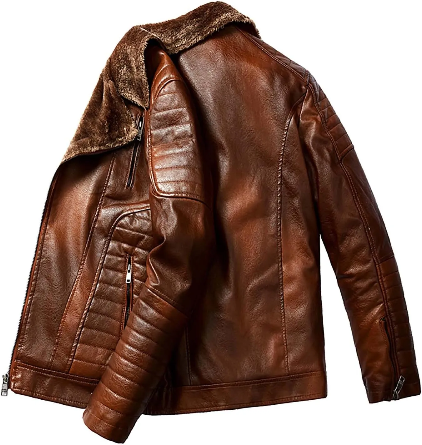 Men's Motorcycle Leather Jacket Fleece Lined Winter Warm Biker Trucker Coat