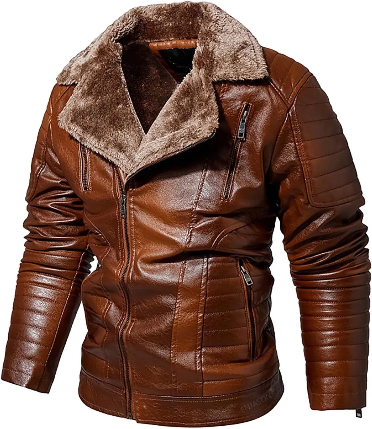 Men's Motorcycle Leather Jacket Fleece Lined Winter Warm Biker Trucker Coat