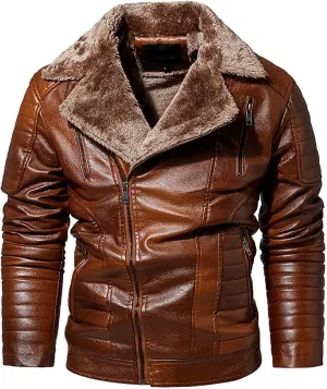 Men's Motorcycle Leather Jacket Fleece Lined Winter Warm Biker Trucker Coat