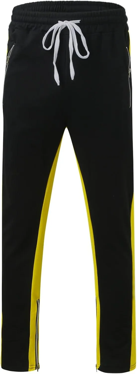 Mens Stripe Track Pants Skinny Fit Stretch Elastic Waist Ankle Zipper Joggers Workout Active Pants Streetwear