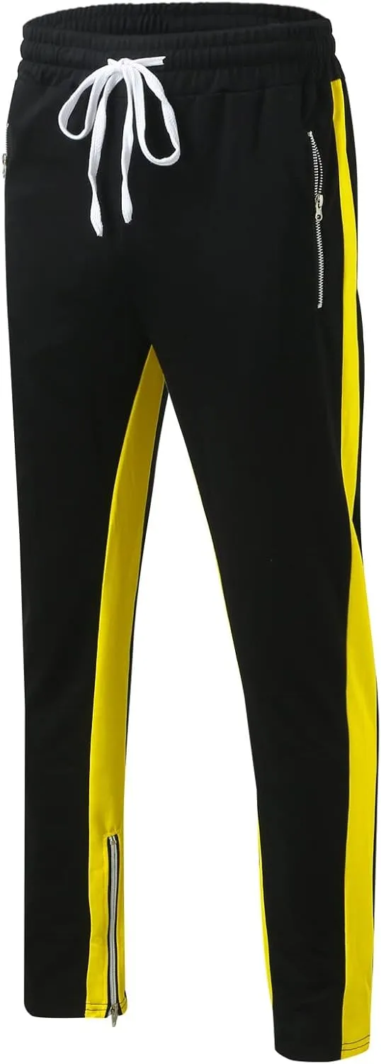 Mens Stripe Track Pants Skinny Fit Stretch Elastic Waist Ankle Zipper Joggers Workout Active Pants Streetwear