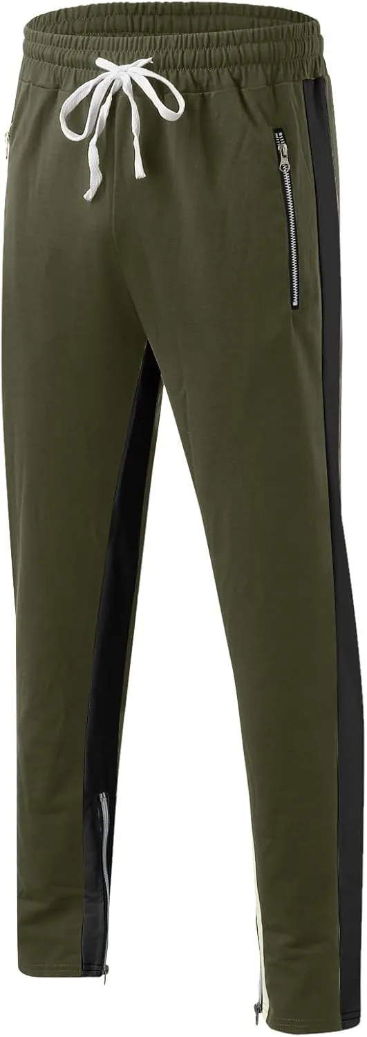 Mens Stripe Track Pants Skinny Fit Stretch Elastic Waist Ankle Zipper Joggers Workout Active Pants Streetwear
