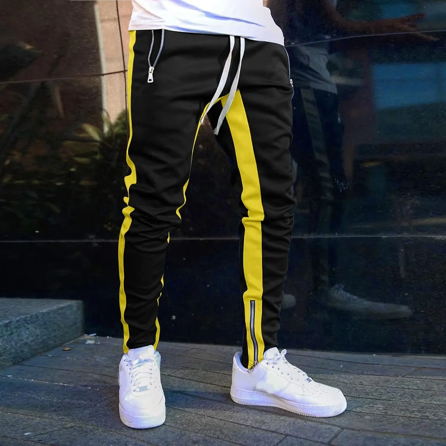Mens Stripe Track Pants Skinny Fit Stretch Elastic Waist Ankle Zipper Joggers Workout Active Pants Streetwear