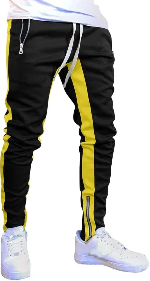 Mens Stripe Track Pants Skinny Fit Stretch Elastic Waist Ankle Zipper Joggers Workout Active Pants Streetwear