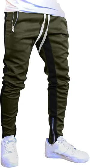 Mens Stripe Track Pants Skinny Fit Stretch Elastic Waist Ankle Zipper Joggers Workout Active Pants Streetwear