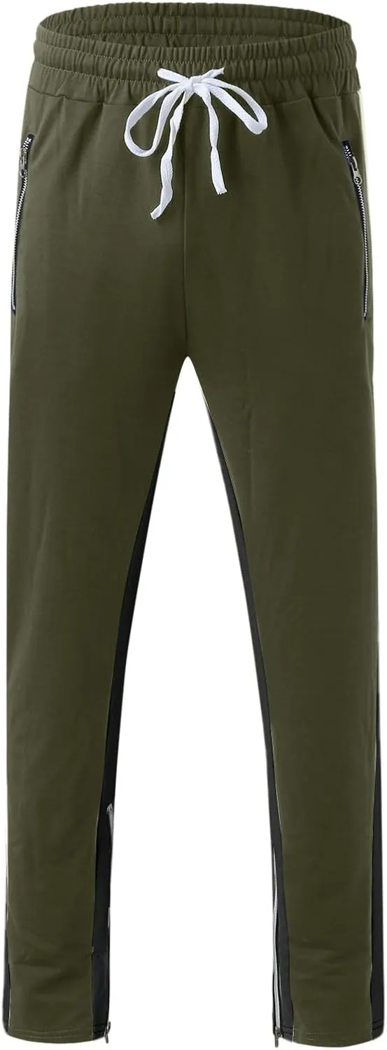 Mens Stripe Track Pants Skinny Fit Stretch Elastic Waist Ankle Zipper Joggers Workout Active Pants Streetwear