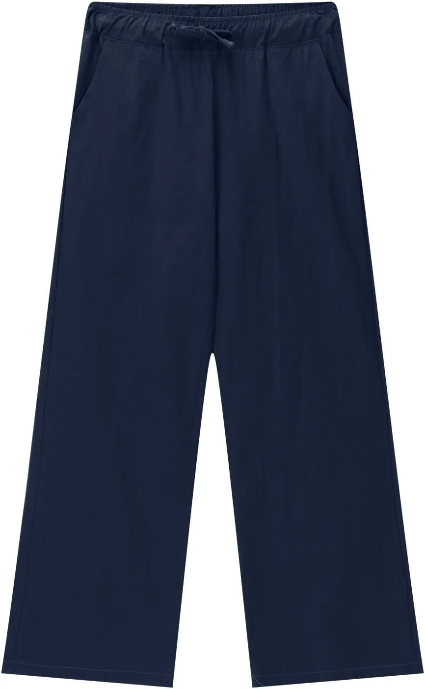 Moonker Girls Linen Straight Wide Leg Pants Solid Color High Elastic Waist Trousers with Pockets Baggy Summer 8