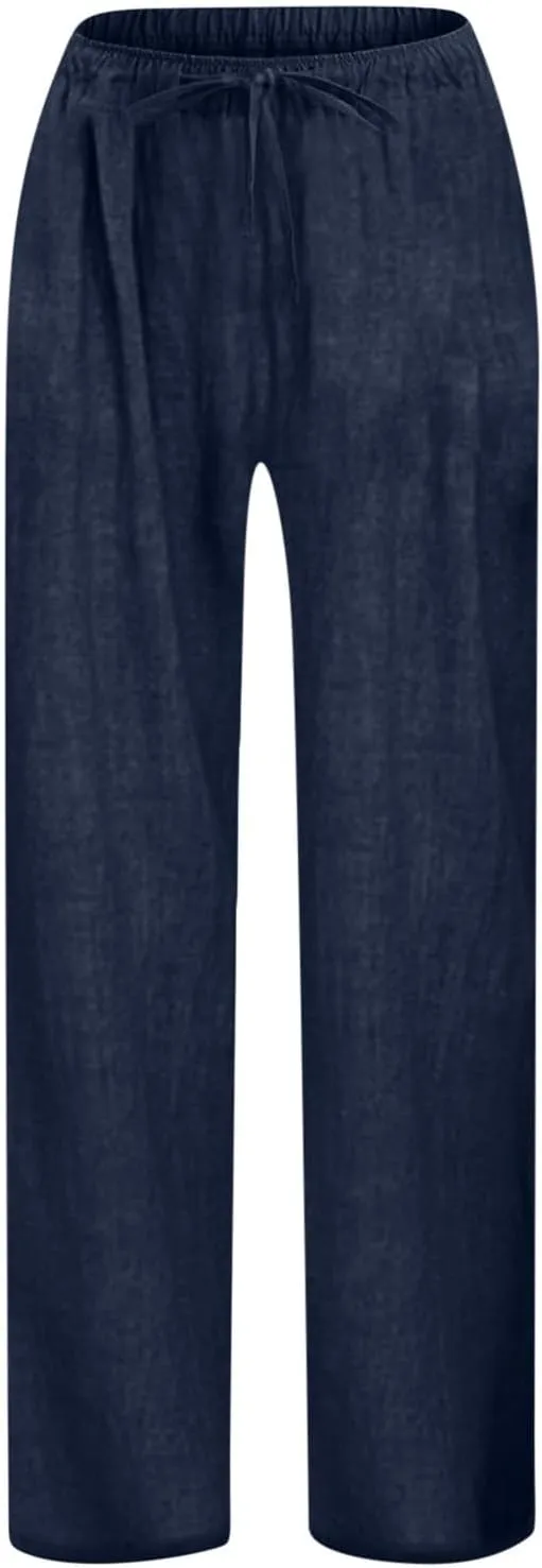 Moonker Girls Linen Straight Wide Leg Pants Solid Color High Elastic Waist Trousers with Pockets Baggy Summer 8