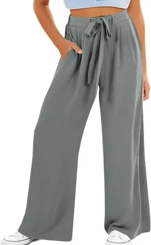 Moonker Linen Cotton Pants for Girls Baggy Elastic High Waisted Wide Leg Flowy Casual Trousers Loose Pants for
