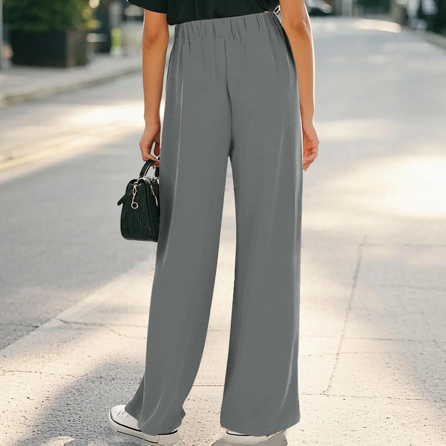 Moonker Linen Cotton Pants for Girls Baggy Elastic High Waisted Wide Leg Flowy Casual Trousers Loose Pants for