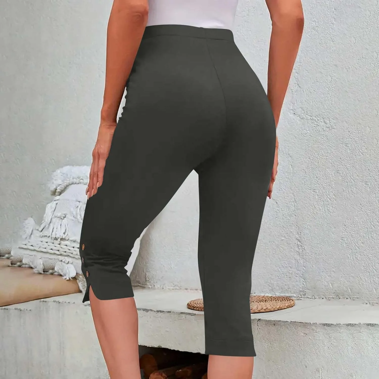 Oplxuo Capri Pants for Women Casual Summer Dressy Pull On Stretch High Waisted Buttons Slit Bottom Crop Work Leggings