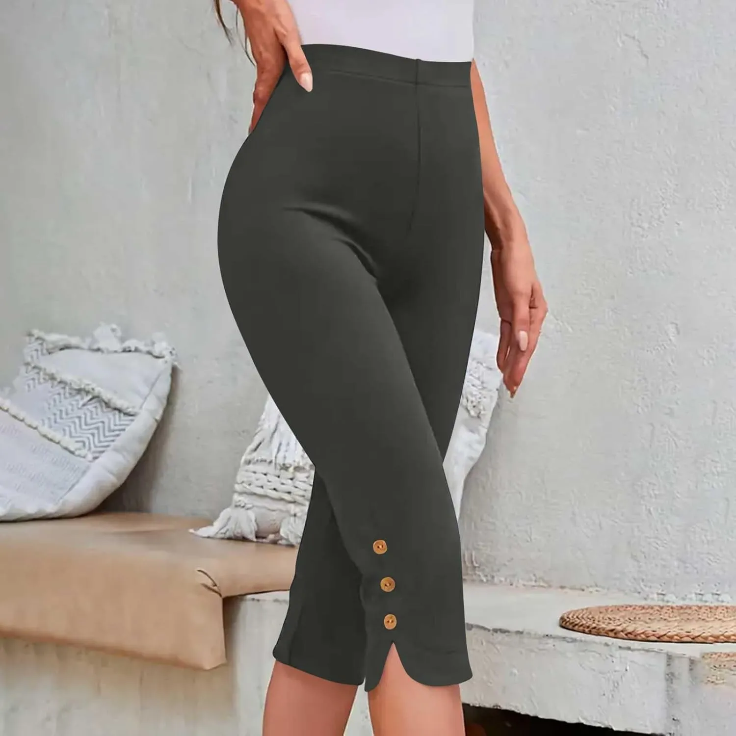 Oplxuo Capri Pants for Women Casual Summer Dressy Pull On Stretch High Waisted Buttons Slit Bottom Crop Work Leggings