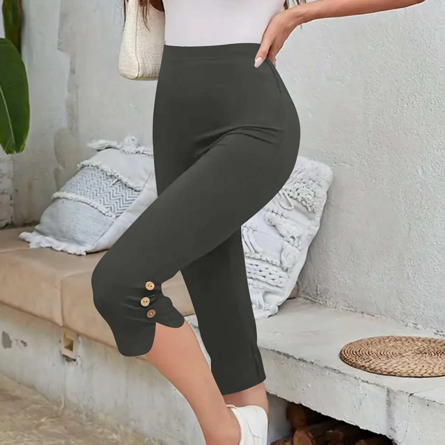 Oplxuo Capri Pants for Women Casual Summer Dressy Pull On Stretch High Waisted Buttons Slit Bottom Crop Work Leggings