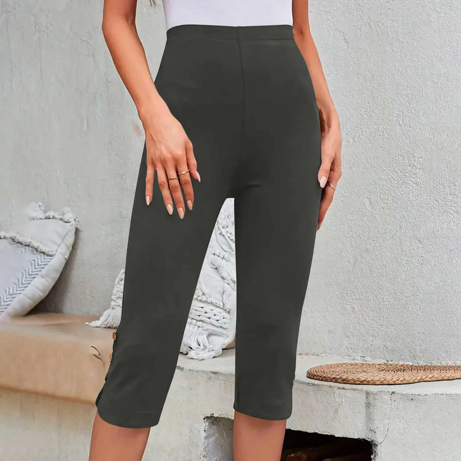 Oplxuo Capri Pants for Women Casual Summer Dressy Pull On Stretch High Waisted Buttons Slit Bottom Crop Work Leggings