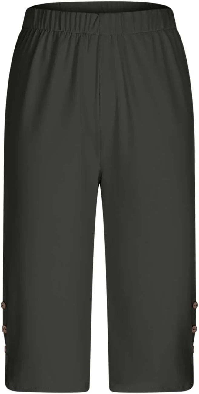 Oplxuo Capri Pants for Women Casual Summer Dressy Pull On Stretch High Waisted Buttons Slit Bottom Crop Work Leggings