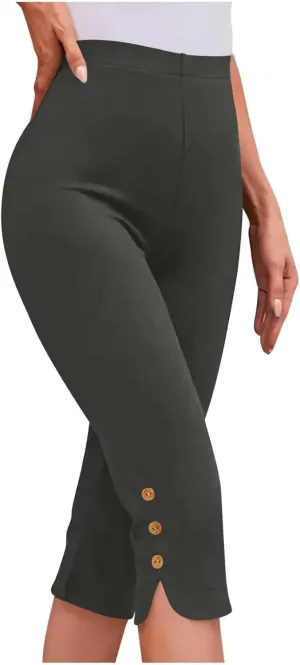 Oplxuo Capri Pants for Women Casual Summer Dressy Pull On Stretch High Waisted Buttons Slit Bottom Crop Work Leggings