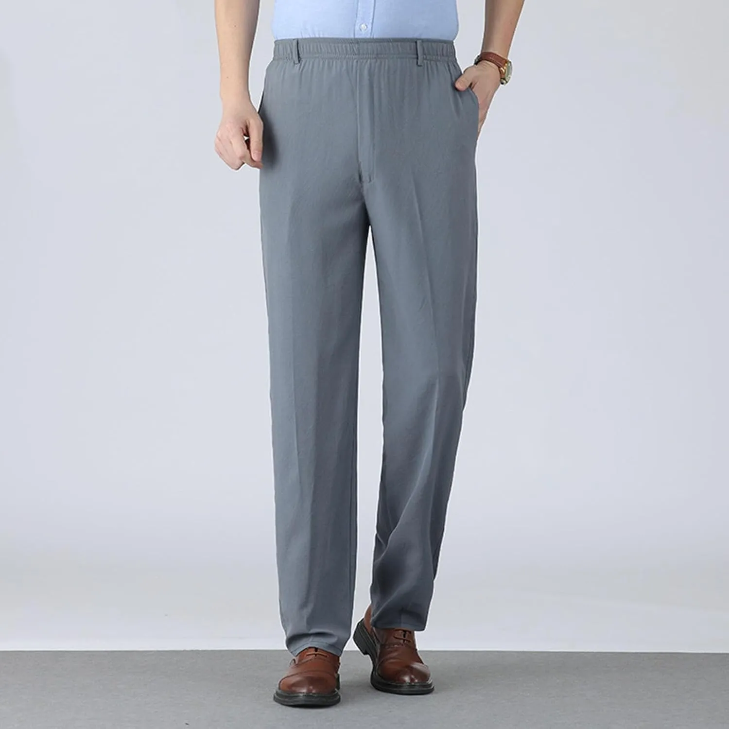 Pants for Men Casual Stylish Elastic Waist Relax Fit Straight Leg Dress Pant Comfy Lightweight Business Work Trousers