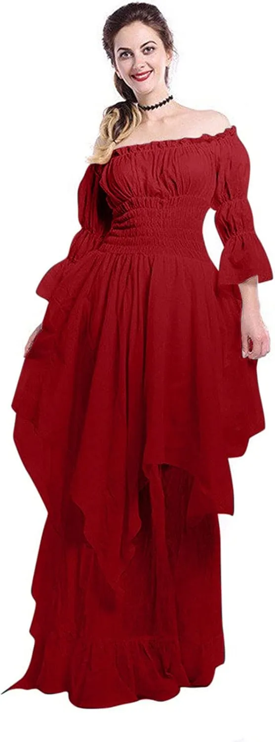 PBNBP Womens Floor Length Puff Sleeve Medieval Gowns High Low Off Shoulder Gypsy Dress Victorian Halloween Cosplay Costume