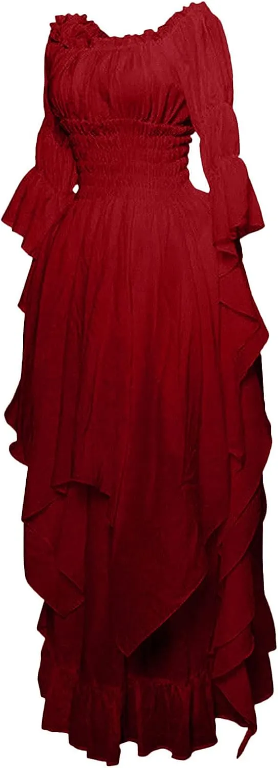 PBNBP Womens Floor Length Puff Sleeve Medieval Gowns High Low Off Shoulder Gypsy Dress Victorian Halloween Cosplay Costume