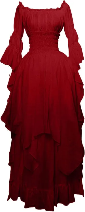 PBNBP Womens Floor Length Puff Sleeve Medieval Gowns High Low Off Shoulder Gypsy Dress Victorian Halloween Cosplay Costume