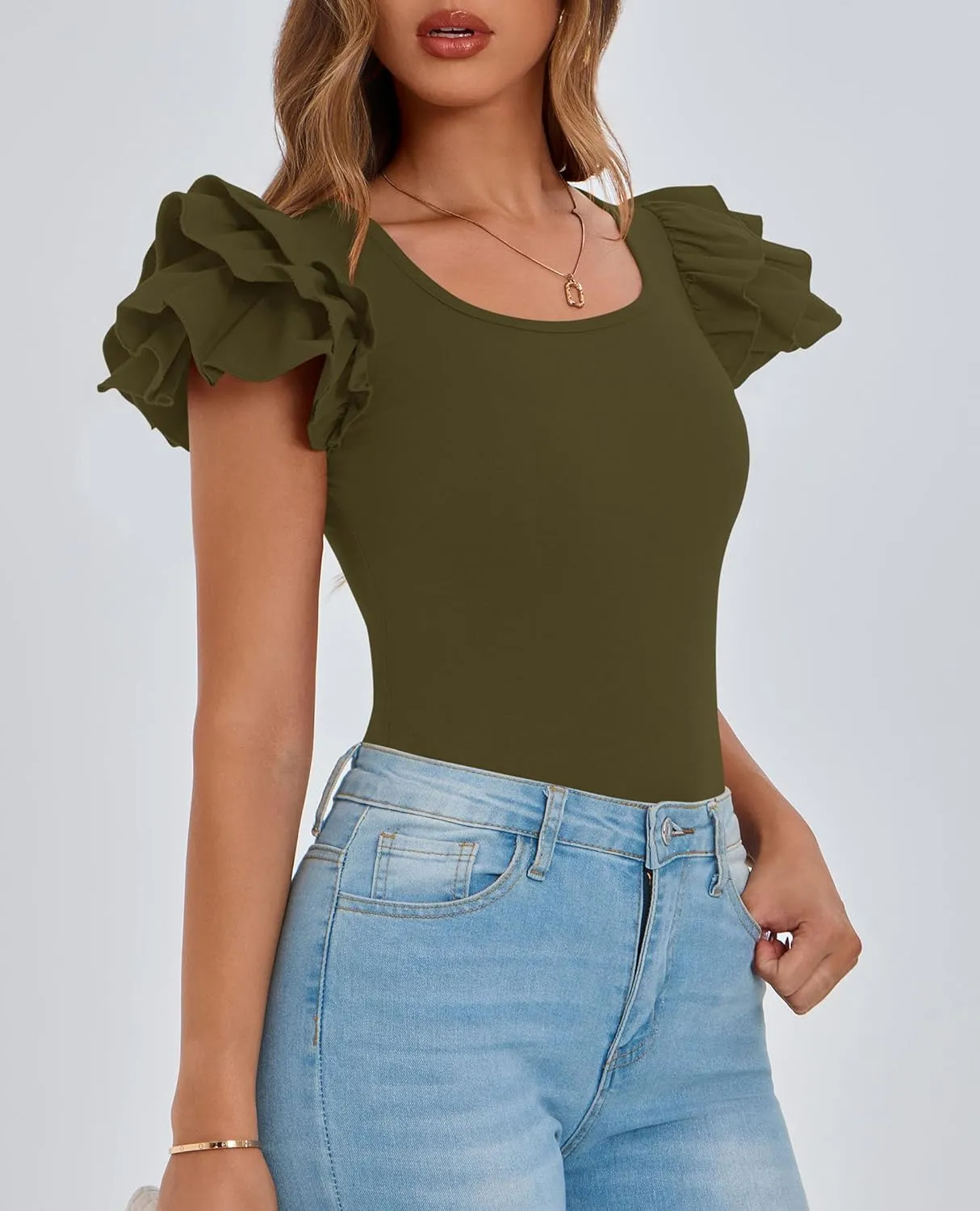 PRETTYGARDEN Women's Ruffle Short Sleeve Shirts 2025 Summer Casual Basic Tee Cute Fitted Crew Neck Fashion Tops Clothes