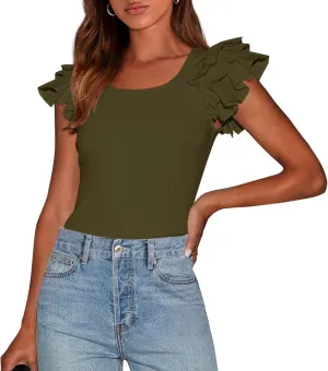 PRETTYGARDEN Women's Ruffle Short Sleeve Shirts 2025 Summer Casual Basic Tee Cute Fitted Crew Neck Fashion Tops Clothes