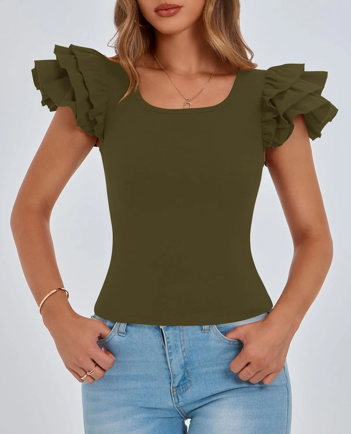 PRETTYGARDEN Women's Ruffle Short Sleeve Shirts 2025 Summer Casual Basic Tee Cute Fitted Crew Neck Fashion Tops Clothes