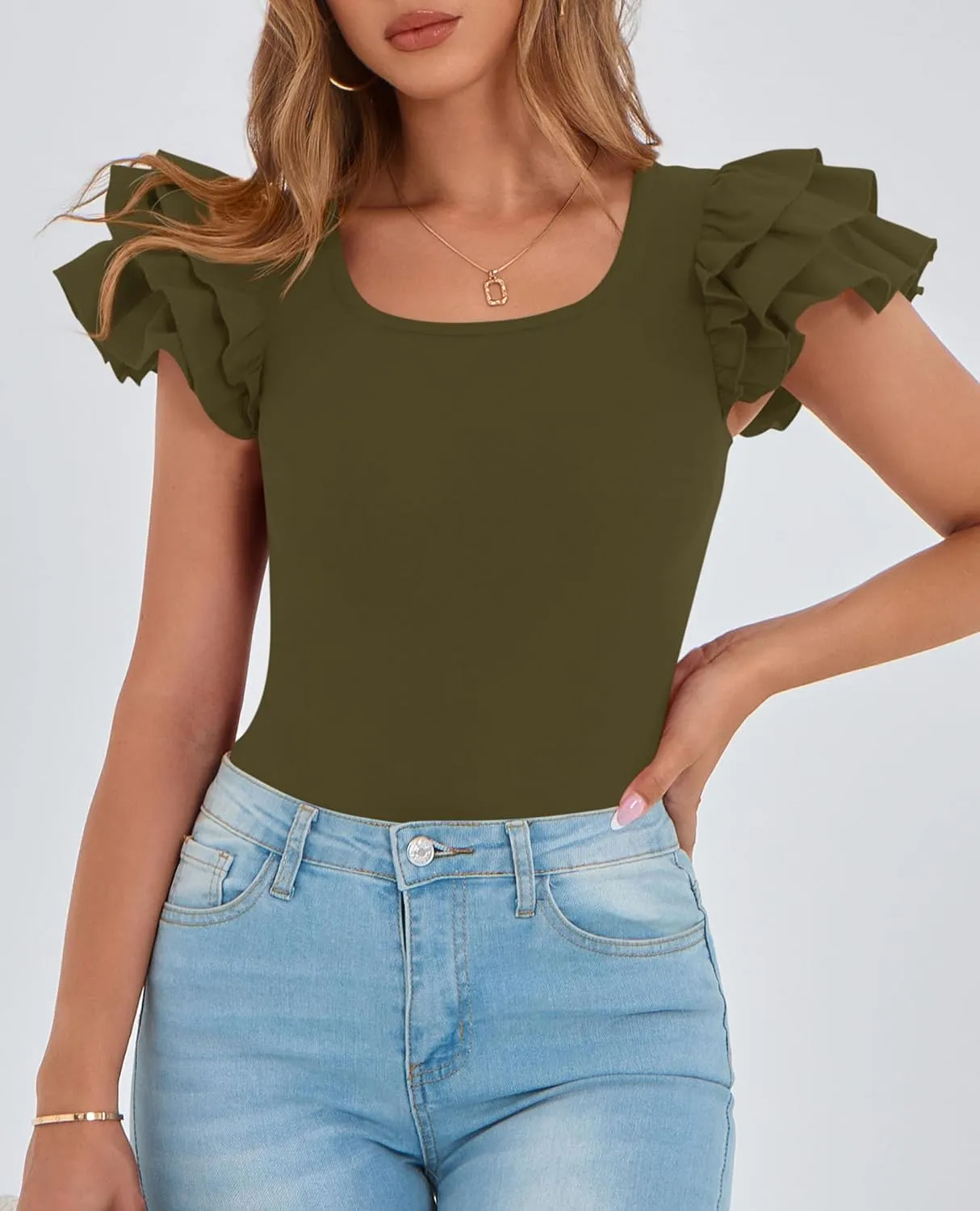 PRETTYGARDEN Women's Ruffle Short Sleeve Shirts 2025 Summer Casual Basic Tee Cute Fitted Crew Neck Fashion Tops Clothes