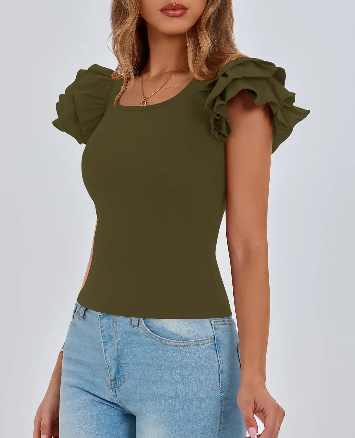 PRETTYGARDEN Women's Ruffle Short Sleeve Shirts 2025 Summer Casual Basic Tee Cute Fitted Crew Neck Fashion Tops Clothes