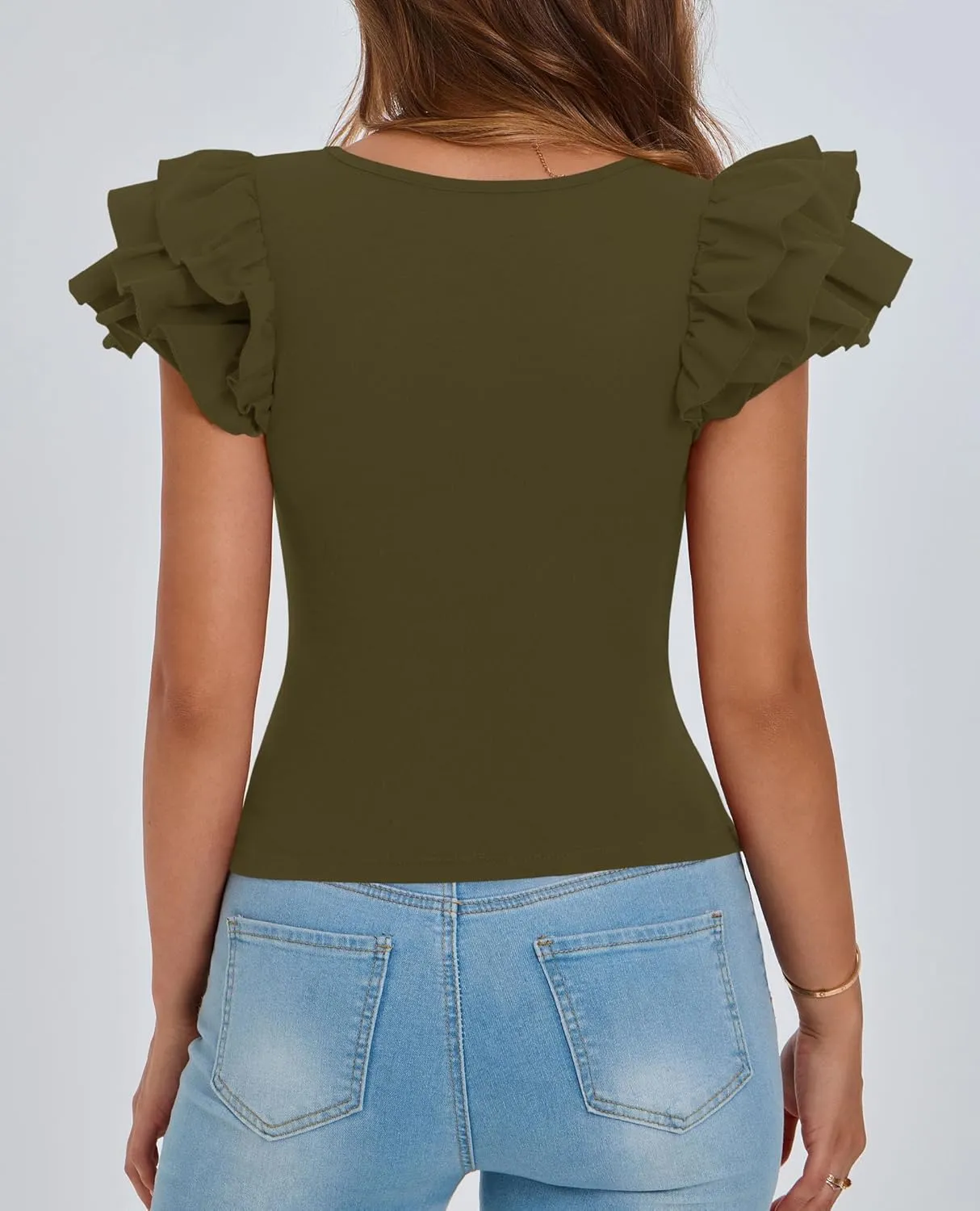 PRETTYGARDEN Women's Ruffle Short Sleeve Shirts 2025 Summer Casual Basic Tee Cute Fitted Crew Neck Fashion Tops Clothes